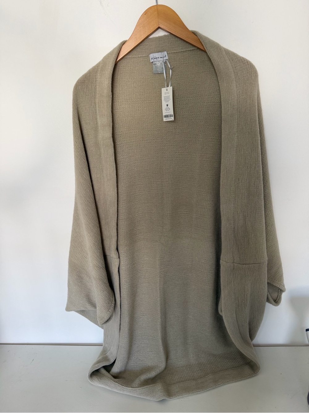 Harvé Benard Beige Cotton Knit Open Front Cardigan Sweater V-Neck 3/4 Dolman NEW
